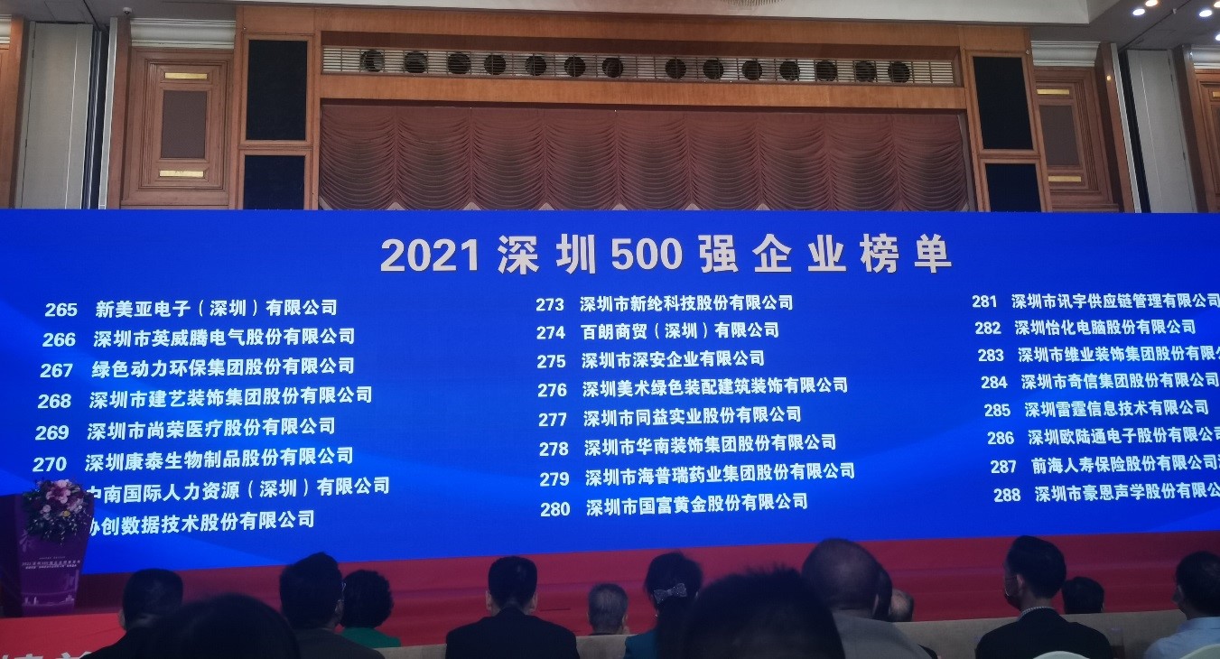 鸿运国际上榜2021深圳企业500强
